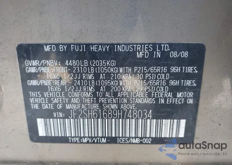 2009 Subaru Forester (Natl) X from USA, damaged, VIN JF2SH61689H748034